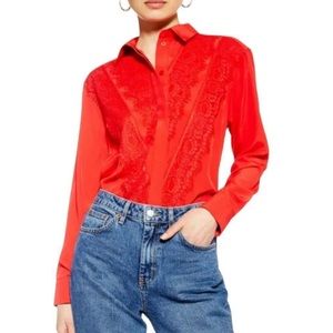 NEW TOPSHOP red lace button up long sleeve chiffon blouse 14